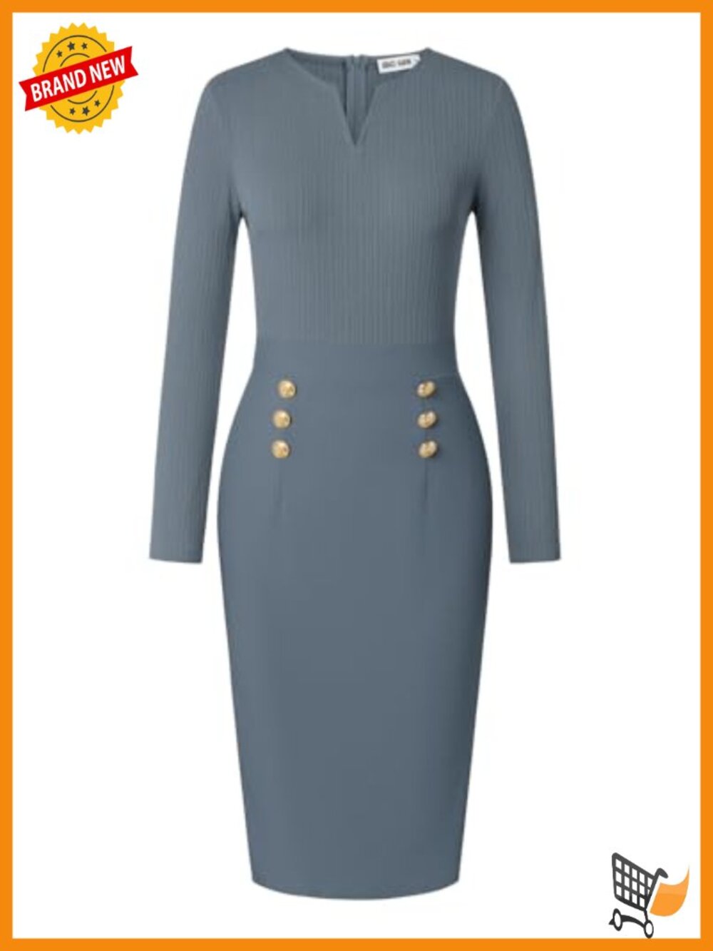 Women's Long Sleeve Work Midi Pencil Dress V-Neck Office Sheath